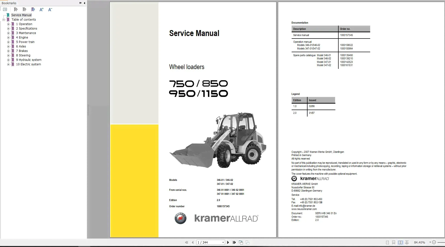 Kramer Wheel Loader 750 850 950 1150 Service Manual